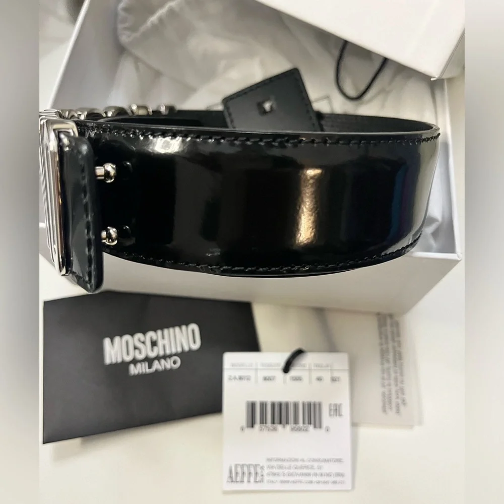 MOSCHINO SILVER BLACK PATENT LEATHER BELT